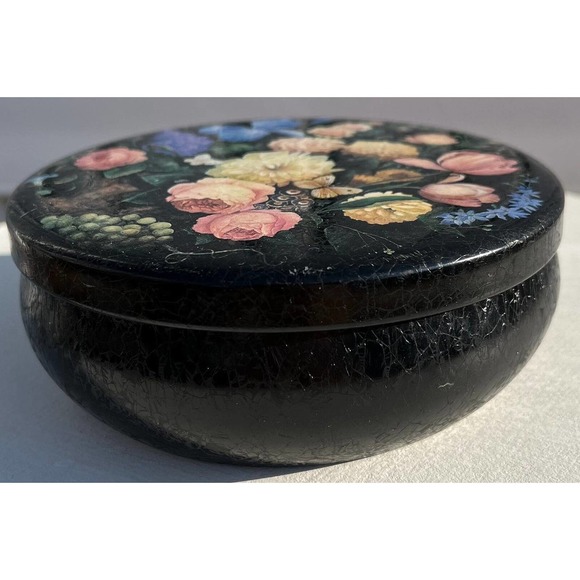 Hand-painted Black Floral lacquer box Vintage Tin Tole Trinket Bowl with Cover - Picture 5 of 10